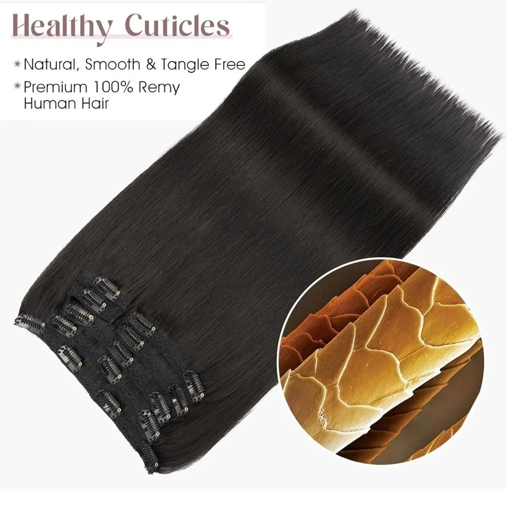 16” Nat‎ Black Clip in Human Hair Extensions Lace Weft Full Head 7pc 110g KL7